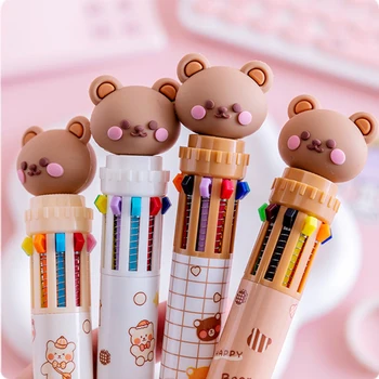 1 шт., милый медведь, 10 цветов, Шариковые ручки, Мультяшная Выдвижная многоцветная ручка, Принадлежности для студенческих письменных принадлежностей, Корейские канцелярские принадлежности Kawaii