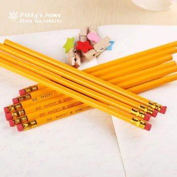 (10 шт./лот) Желтый деревянный карандаш с резиновым карандашом HB Для студентов, Детские Канцелярские принадлежности, Деревянный карандаш