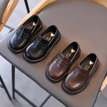 2022 г., Осенняя обувь для девочек и мальчиков, Модная однотонная черно-коричневая Весенняя повседневная обувь в британском стиле, Обувь для школьников унисекс из искусственной кожи