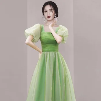 2023 Новое женское Летнее Модное Дизайнерское платье для подиума, Элегантное Милое Зеленое Сетчатое Праздничное Повседневное Платье с квадратным воротником и пышными рукавами