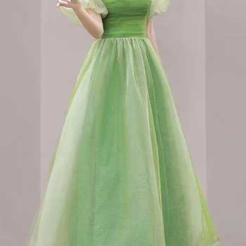 2023 Новое женское Летнее Модное Дизайнерское платье для подиума, Элегантное Милое Зеленое Сетчатое Праздничное Повседневное Платье с квадратным воротником и пышными рукавами 5