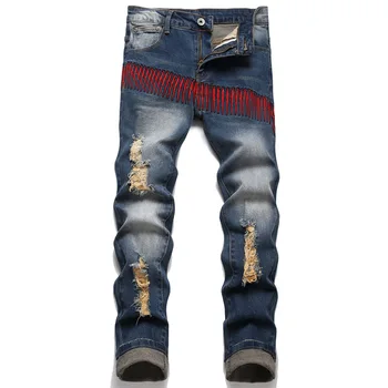 2023, Новые модные Джинсы с дырками в стиле ретро, Мужские брюки, Хлопковые Джинсовые брюки, Мужские Большие Размеры, Высококачественные джинсы в стиле хип-хоп с вышивкой в стиле панк 