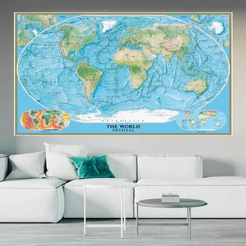 225 *150 см Карта мира с тектоникой и климатом на нетканом холсте, Картина, Настенный Плакат, Школьные принадлежности, Украшение дома