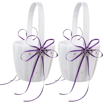 2X Свадебная корзина с двойным сердечком для девочек в цветочек, Белый атласный декор со стразами, Фиолетовая свадебная вечеринка в пользу
