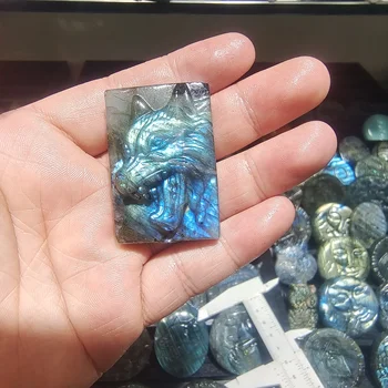 43-45 мм натуральный камень лабрадорит, кварцевый кристалл, ручная резьба в виде головы волка