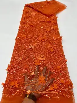 5Y/лот оранжевый 3D Гвоздь Из Бисера, Шифоновая Цветочная Вышивка, Кружевная Швейная Ткань Для Свадебного Платья, Юбка Ручной Работы