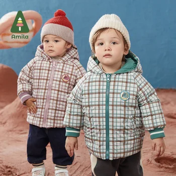 Amila/Детская хлопчатобумажная одежда, Зимняя Детская двусторонняя одежда Для девочек, Утолщенное теплое пальто с капюшоном, Повседневная куртка для мальчиков