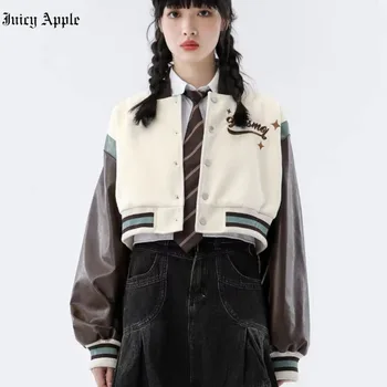 Juciy Apple, Университетская куртка, женская куртка-бомбер, Винтажная бейсбольная куртка с вышивкой американской Розы, модные женские зимние пальто