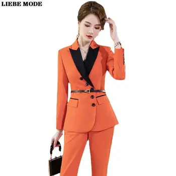 LIEBE MODE Осень-зима, Оранжевый, белый, женский брючный костюм, официальная офисная женская деловая рабочая одежда, комплект из 2 предметов, женский блейзер, брюки