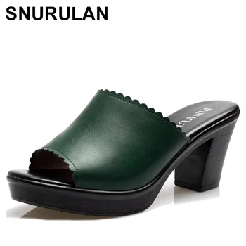 SNURULAN/ Новые женские летние тапочки, обувь из натуральной кожи, женская Модная летняя обувь на высоком каблуке, размеры 35-41