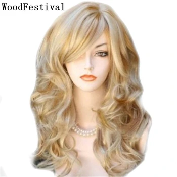 WoodFestival, Синтетический Парик для Косплея С Челкой, Парики для женщин, Светлые Длинные Волнистые Волосы, Черный, Красный, Высокотемпературное Волокно