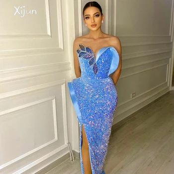 Xijun Вечернее платье с голубыми блестками, расшитое бисером, с украшением в виде Кристаллов, Вечерние платья для выпускного Вечера в стиле Милой Саудовской Аравии, Короткое вечернее платье без рукавов для женщин