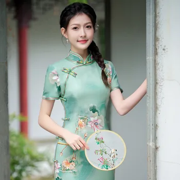 Yourqipao Лето 2023, Длинный Улучшенный Ципао, Элегантное Модное Платье в стиле Ретро, Свежая Юбка-Ципао, Платье в Китайском стиле для женщин