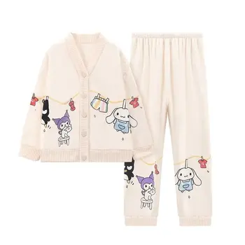 Аниме Kawaii Kuromi My Melody Cinnamonroll Sanrio, Бархатная пижама кораллового цвета для девочек, Фланелевая домашняя одежда с V-образным вырезом, теплая