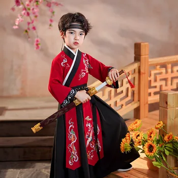 Весенний китайский традиционный новогодний костюм Hanfu для мальчиков, детский старинный Карнавальный костюм для косплея, красно-черный комплект с 3 лентами