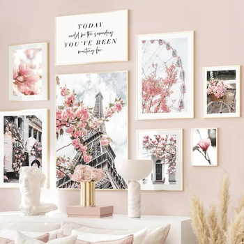 Весенний цветок персика, окна Парижской башни, Настенное искусство, холст, живопись, плакаты на скандинавскую тему и принты, настенные панно для декора гостиной