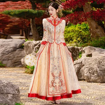 Восточное платье Ципао, Ретро-вышивка бисером, Китайский Традиционный женский свадебный Чонсам, Элегантное винтажное платье невесты