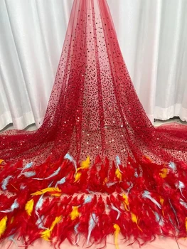 Высококачественная роскошная африканская кружевная ткань из перьев, Высококачественное французское кружево, расшитая блестками Кружевная ткань для свадебного платья