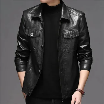 Высококачественные Куртки из натуральной кожи, мужские корейские пальто из мягкой кожи с отложным воротником, плотная плюшевая приталенная мужская повседневная верхняя одежда