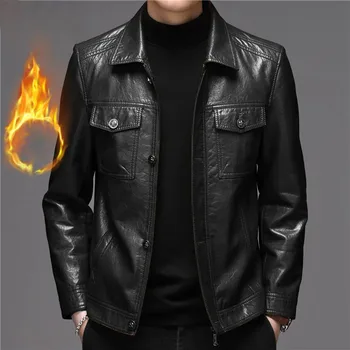 Высококачественные Куртки из натуральной кожи, мужские корейские пальто из мягкой кожи с отложным воротником, плотная плюшевая приталенная мужская повседневная верхняя одежда 2