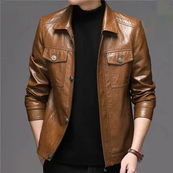 Высококачественные Куртки из натуральной кожи, мужские корейские пальто из мягкой кожи с отложным воротником, плотная плюшевая приталенная мужская повседневная верхняя одежда 3