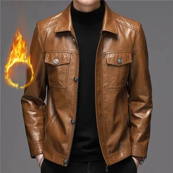 Высококачественные Куртки из натуральной кожи, мужские корейские пальто из мягкой кожи с отложным воротником, плотная плюшевая приталенная мужская повседневная верхняя одежда 4