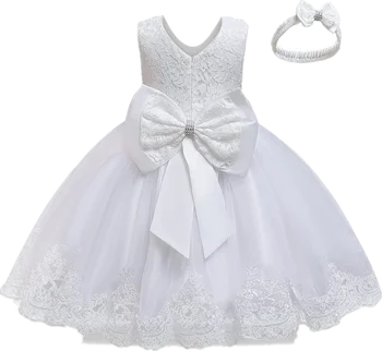 Детское Свадебное платье на 1-й день рождения, платье для девочек, вечернее бальное платье с большим бантом, милая Детская одежда для младенцев, платье для девочек