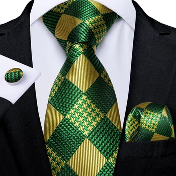 Дизайнерский мужской шелковый галстук, Роскошный Зеленый Золотой Клетчатый Деловой Свадебный галстук для мужчин, подарочный набор, Оптовые товары для бизнеса
