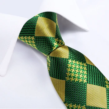 Дизайнерский мужской шелковый галстук, Роскошный Зеленый Золотой Клетчатый Деловой Свадебный галстук для мужчин, подарочный набор, Оптовые товары для бизнеса 1