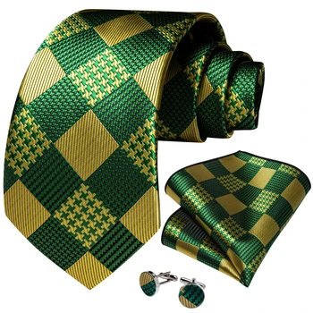 Дизайнерский мужской шелковый галстук, Роскошный Зеленый Золотой Клетчатый Деловой Свадебный галстук для мужчин, подарочный набор, Оптовые товары для бизнеса 2