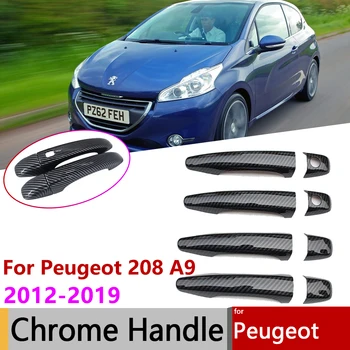Для Peugeot 208 A9 2012 2013 2014 2015 2016 2017 2018 2019 Глянцевый черный Карбоновый хромированный автомобильный комплект умной дверной ручки с отделкой