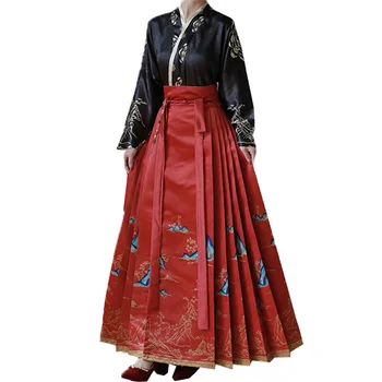 Древнекитайское традиционное платье Hanfu для женщин, рубашка с длинным рукавом и V-образным вырезом, топы, Длинная плиссированная юбка с цветочным рисунком в виде лошадиной морды