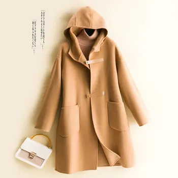 Женская зимняя куртка с отворотом, 100% шерсть, кашемировое пальто, Модная толстовка