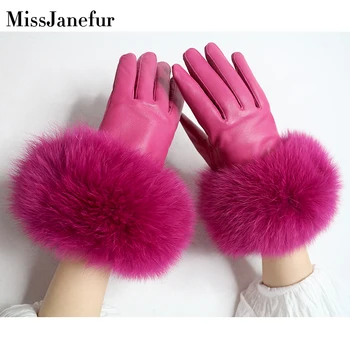 Женские перчатки с манжетами из меха енота, Перчатки из овечьей кожи, утепленные, сохраняющие тепло зимой, Женские меховые Элегантные перчатки для рук