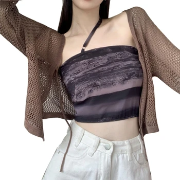Женский весенний кардиган с V-образным вырезом и шнуровкой спереди, длинный рукав, Укороченный топ, Открытые прозрачные рубашки в сеточку, однотонный прямой заказ