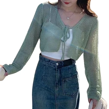 Женский весенний кардиган с V-образным вырезом и шнуровкой спереди, длинный рукав, Укороченный топ, Открытые прозрачные рубашки в сеточку, однотонный прямой заказ 2