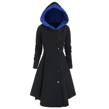 Женское пальто большого размера с длинным рукавом и капюшоном, однобортное пальто с асимметричной юбкой, Элегантное осенне-зимнее винтажное пальто