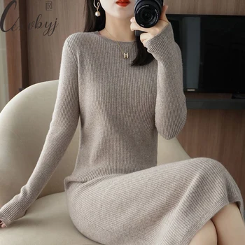 Женское Повседневное платье-свитер с круглым вырезом, осень-зима, трикотажное облегающее платье с длинным рукавом, Корейская мода, платье с эластичным низом