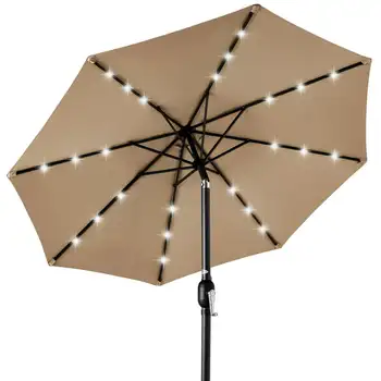 Зонт для патио с солнечной светодиодной подсветкой с регулировкой наклона, устойчивая к ультрафиолетовому излучению ткань - Tan