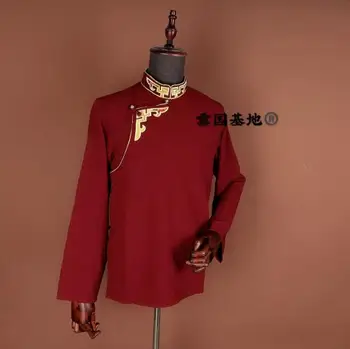 Китайская мужская Вышитая кайма Тибетская одежда Тибетский халат Верхняя часть Рубашки