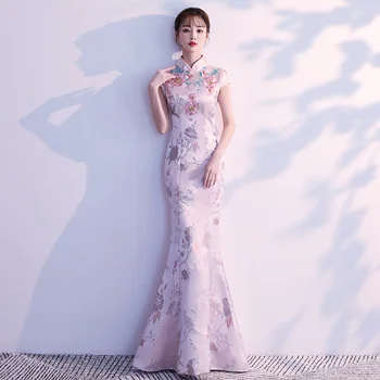 Китайское вечернее платье Женское черное Ретро ципао Традиционная китайская одежда Высокого класса элегантное тонкое длинное праздничное розовое Платье Cheongsam Fashion