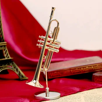 Коллекция медных позолоченных музыкальных инструментов, Декоративные украшения, Мини-труба с подставкой, Миниатюрная модель, украшение в подарок