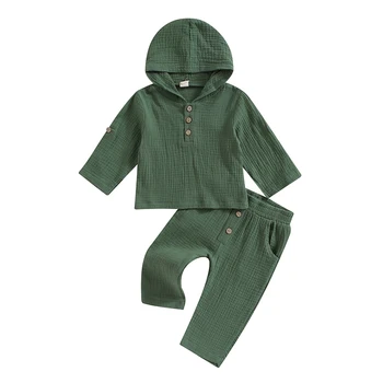 Комплект Одежды для маленьких мальчиков, 2 предмета, толстовка с капюшоном на пуговицах, топы, Длинные брюки из хлопка и льна, осенне-зимняя одежда для маленьких мальчиков с карманами