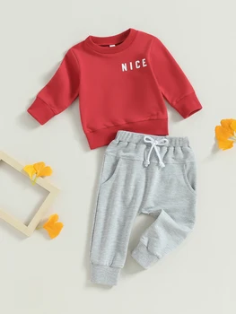 Комплекты одежды из 2 предметов для маленьких мальчиков, толстовка с длинными рукавами и графическим принтом, топы и уютные серые брюки на завязках