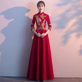 Красное свадебное платье, китайские свадебные платья чонсам, юбка, женские современные азиатские женские вечерние платья трапециевидной формы с вышивкой, vestido