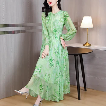 Летнее Зеленое Длинное Платье с Круглым вырезом из Шелка с Цветочным Рисунком для Женщин 2023, Винтажное Роскошное Вечернее Платье, Корейская Мода, Elgant, Повседневное Вечернее Платье 0