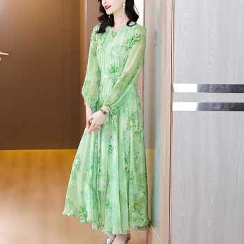 Летнее Зеленое Длинное Платье с Круглым вырезом из Шелка с Цветочным Рисунком для Женщин 2023, Винтажное Роскошное Вечернее Платье, Корейская Мода, Elgant, Повседневное Вечернее Платье 1