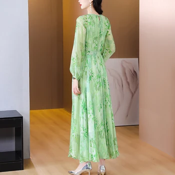 Летнее Зеленое Длинное Платье с Круглым вырезом из Шелка с Цветочным Рисунком для Женщин 2023, Винтажное Роскошное Вечернее Платье, Корейская Мода, Elgant, Повседневное Вечернее Платье 3