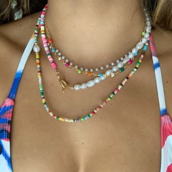 Летнее Многослойное Асимметричное ожерелье из бисера длиной 17 км для женщин, Пляжное Путешествие, Разноцветные цветочные бусины, Колье-чокер, женские ювелирные изделия