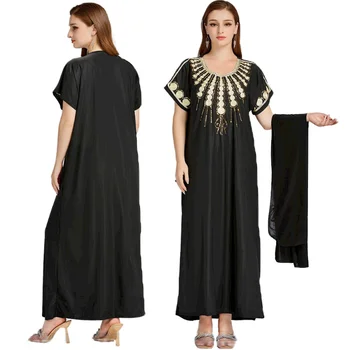 Летнее Модное Стильное Мусульманское Женское Длинное Платье с Круглым вырезом и Коротким рукавом, Черное Платье с вышивкой, Мусульманское Макси-платье Abaya, Abayas для Женщин